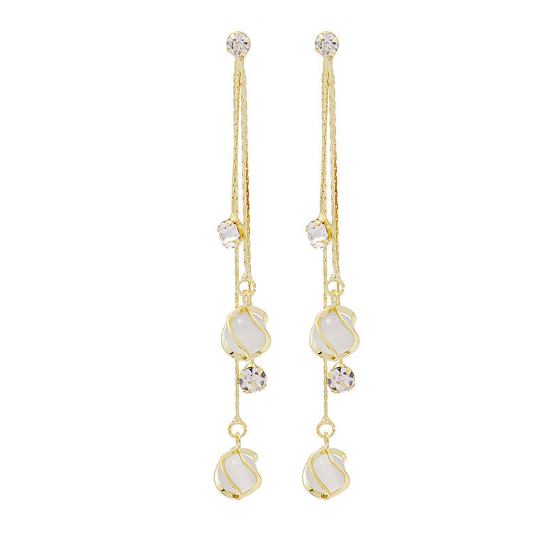 Sweet Geometric Rhinestone and Pearl Cherry Tassel Earrings for Women