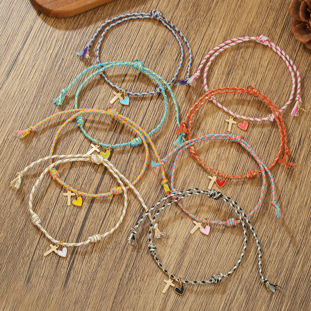 Rainbow Woven Heart Cross Drip Oil Alloy Bracelet for Women and Men