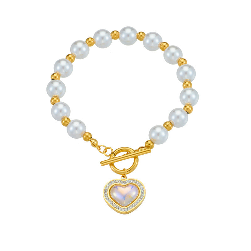 Pulsera de Perlas Vintage de Moda con Colgante de Corazón de Diamantes de Imitación y Cierre OT de Acero de Titanio para Mujer