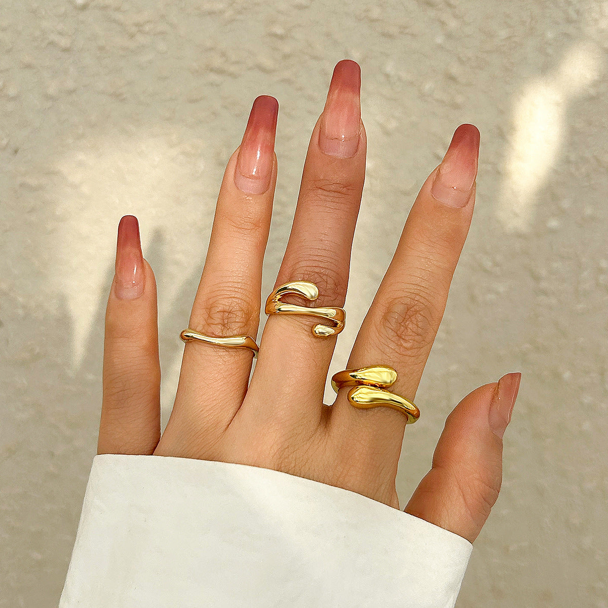 Minimalist Geometric Hollow Liquid-Design Alloy Ring Set with Polished Finish for Women