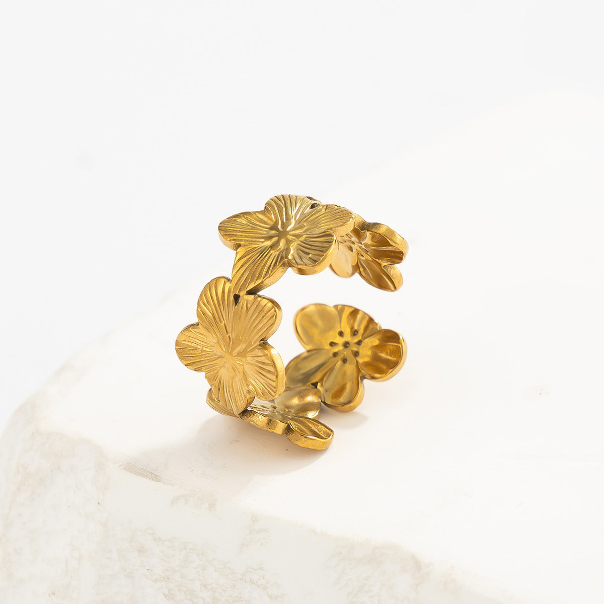 18K PVD Gold Plated Stainless Steel Floral Geometric Open Ring for Women