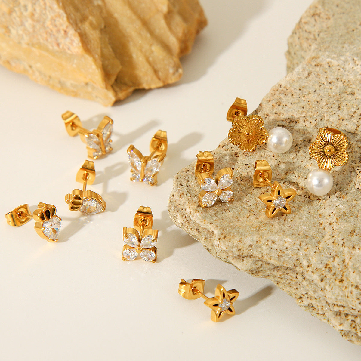 Minimalist Butterfly Star Pearl Earrings in Stainless Steel with Plated Finish