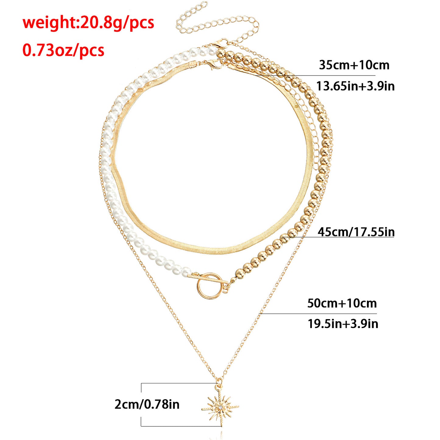 Vintage Geometric Hexagram Alloy Necklace with Plated Finish for Women, Flat Snake Chain Style with Pearl-Like Beads