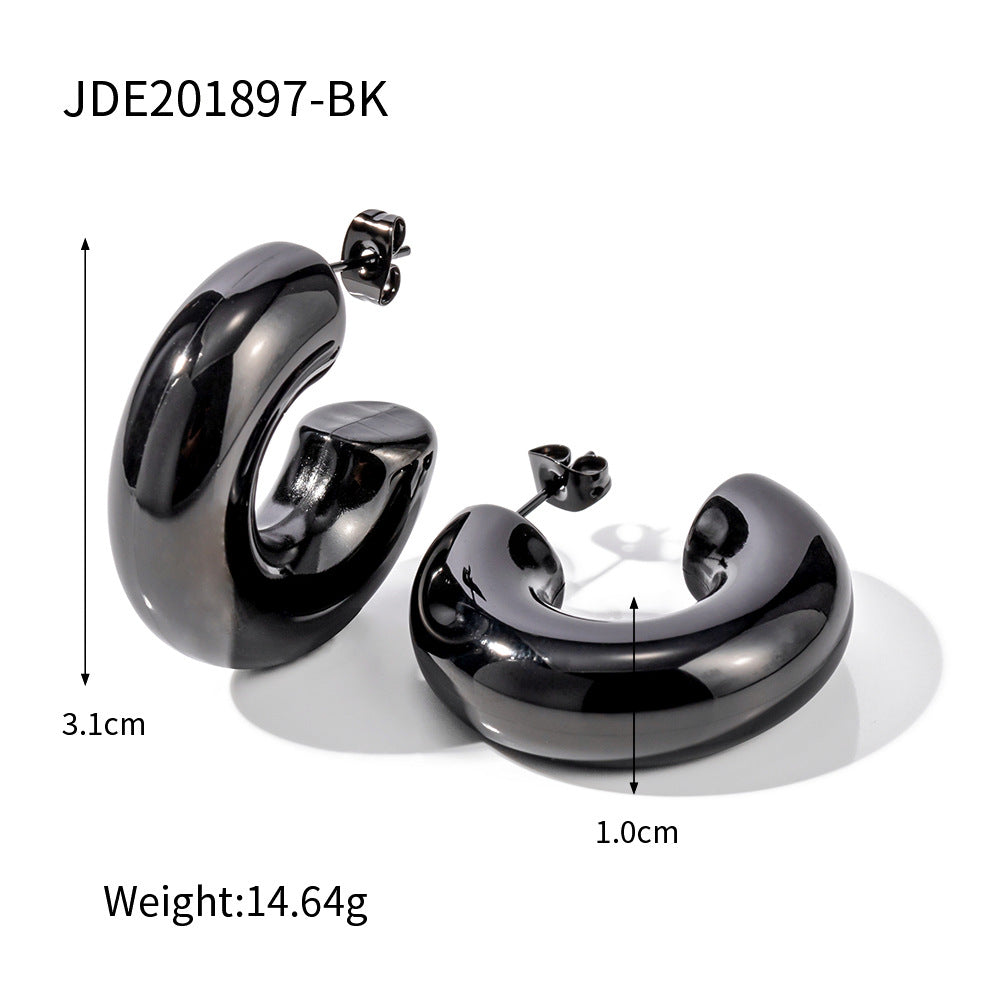 Ins Style Geometric Circle Shape 18K Gold Plated Stainless Steel Hollow Thick C-Shaped Stud Earrings for Women