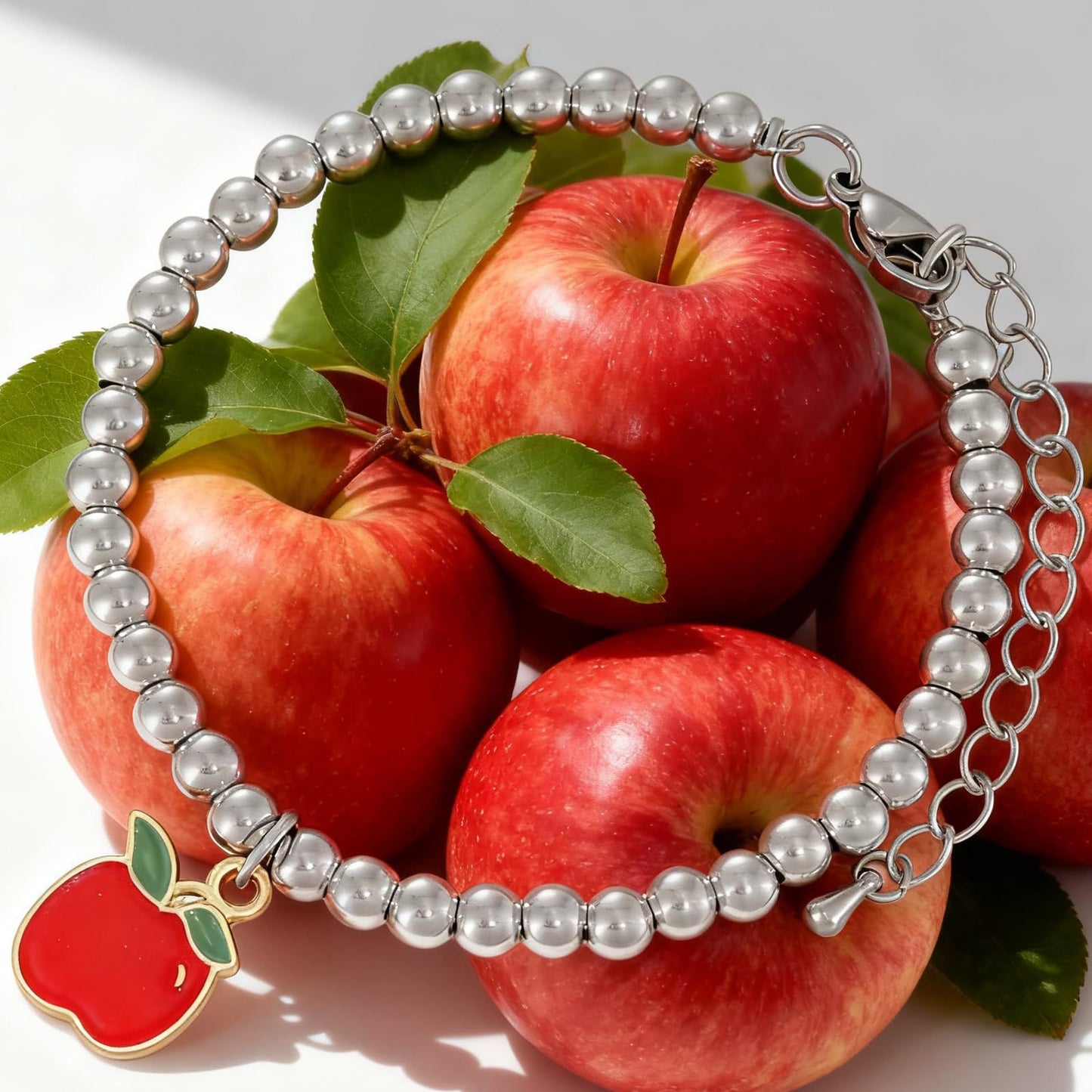 Casual Hematite Ball Chain Bracelet with Apple Pendant Adjustable Unisex Jewelry