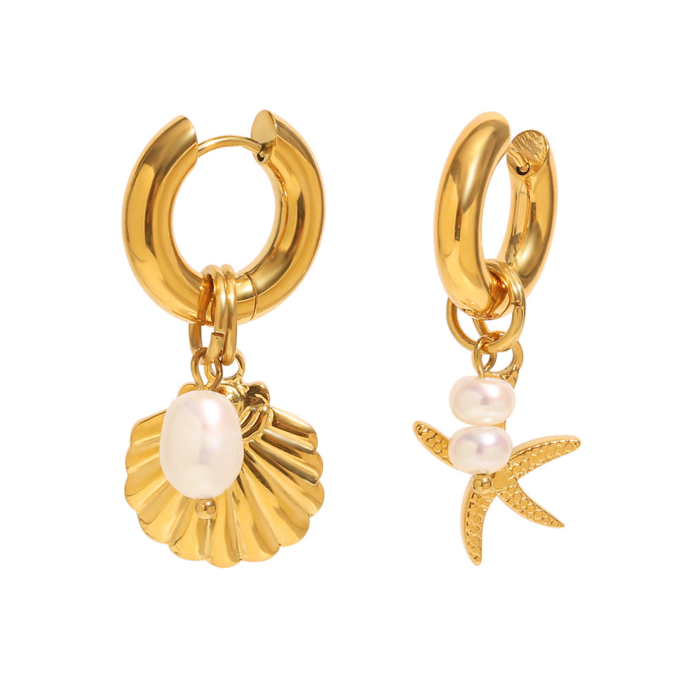 Minimalist Starfish Pendant Earrings for Women Stainless Steel with 18K Gold Plating and Pearl Accents