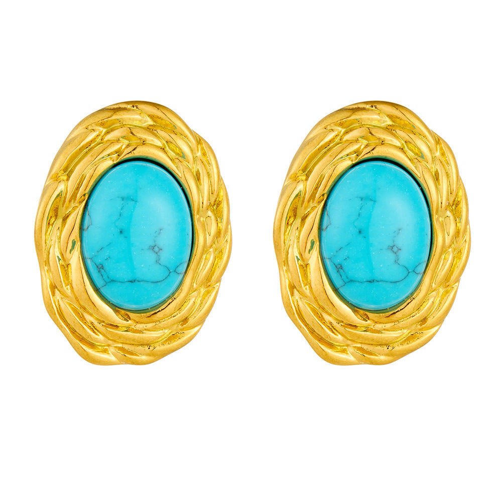 Vintage Gold Plated Stainless Steel Oval Geometric Turquoise Inlay Earrings