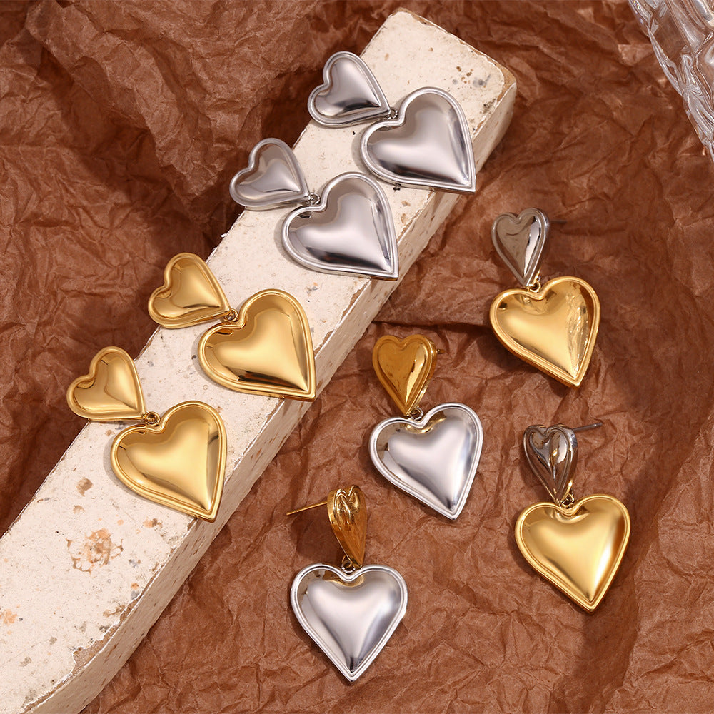 Aretes de acero inoxidable con forma de corazón de dos niveles, chapados en oro de 18 quilates, a la moda para mujer