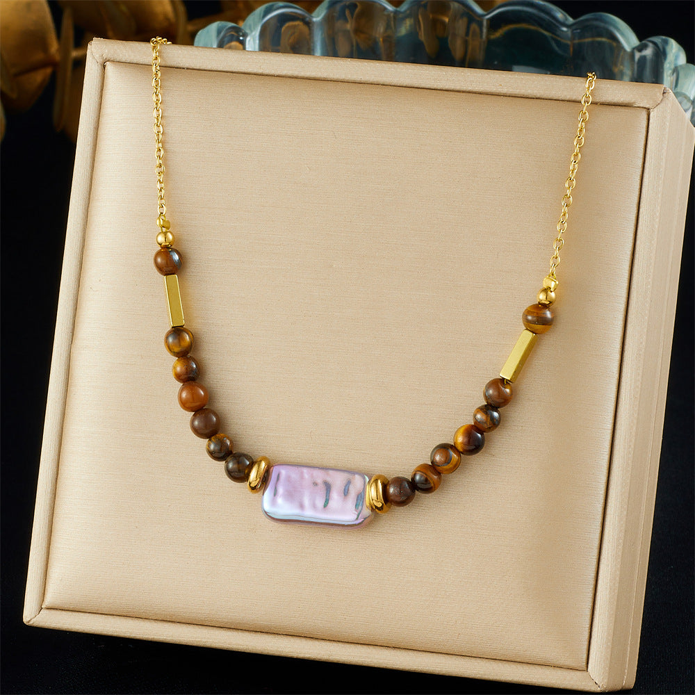 Elegant Gold Plated Stainless Steel Necklace with Agate and Pearl Beads