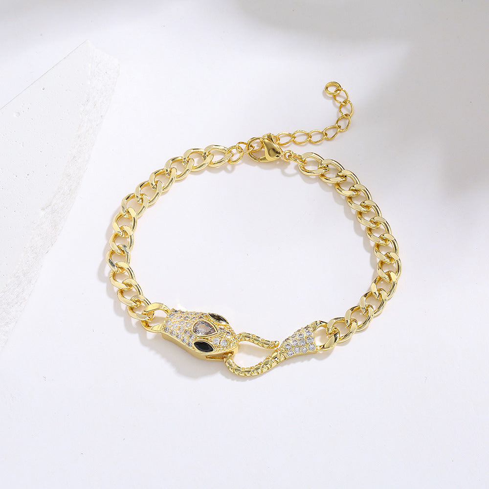 INS Style Geometric Snake Shape Copper Bracelet with 18K Gold Plating and Zircon for Women