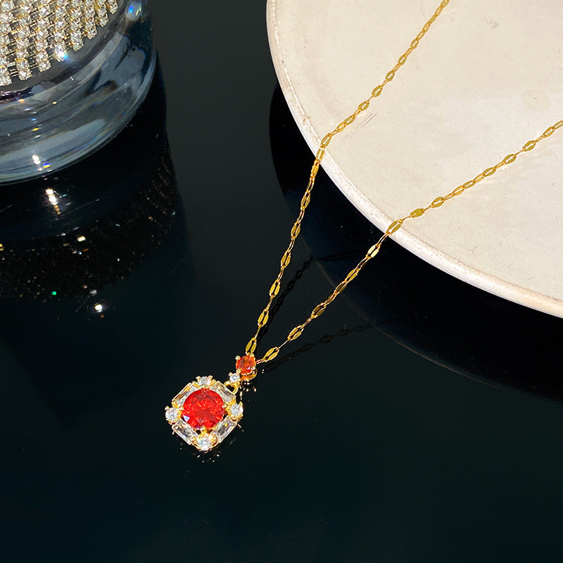 Luxury Minimalist Geometric Round Gemstone Inlay Titanium Steel Necklace with Brass Pendant