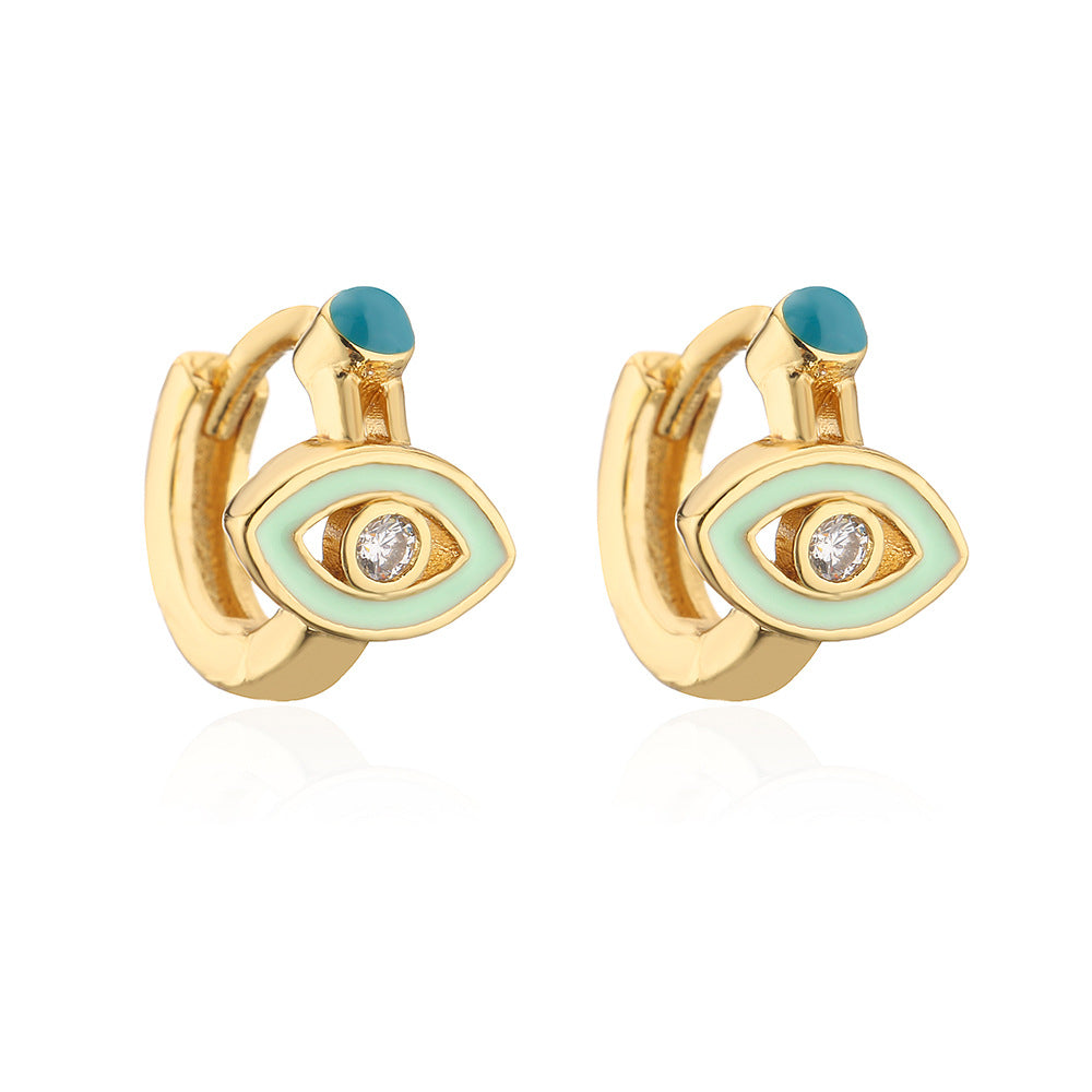 Minimalist Geometric Copper Earrings with 18K Gold Plating and Enamel-Finished Zirconia Eye Accents for Women
