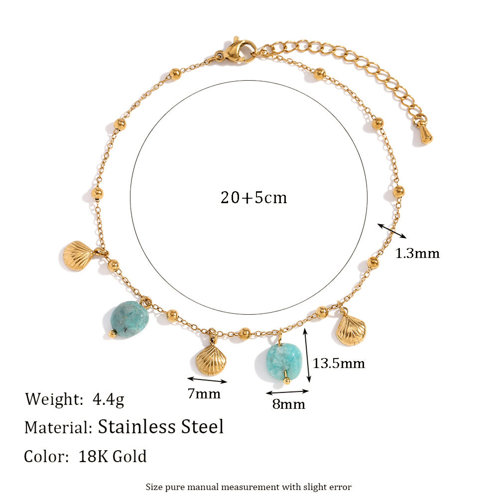 Minimalist 18K Gold Plated Stainless Steel Geometric Shell and Amazonite Pendant Anklet for Women