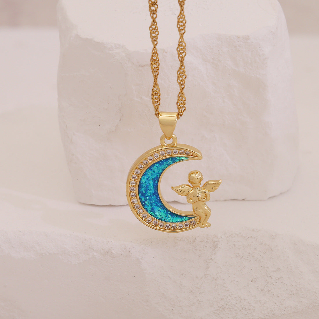 Collana pendente minimalista a stella e luna con rame placcato oro rosa, occhio d'angelo e design a rosa floreale