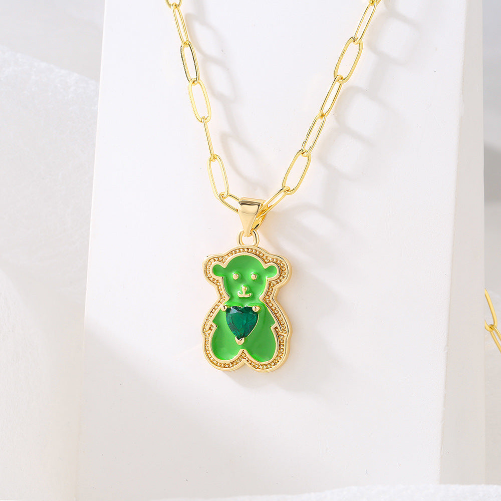 Minimalist Heart-Shaped Bear Pendant Necklace for Women with Copper Base Plated in 18K Gold and Enamel Finish Featuring Cubic Zirconia Accents
