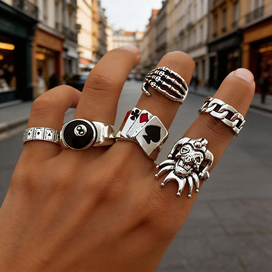 Hip-hop Vintage Geometric Skull Clown Poker Eye Drip Oil Plated Alloy Ring Set for Women