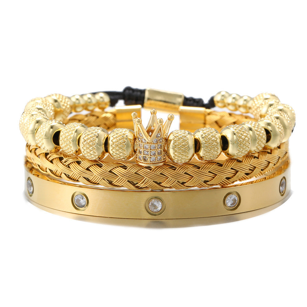 Geometric Roman Letter Crown Woven Titanium Steel C-Shape Open Bangle Bracelet Set for Women