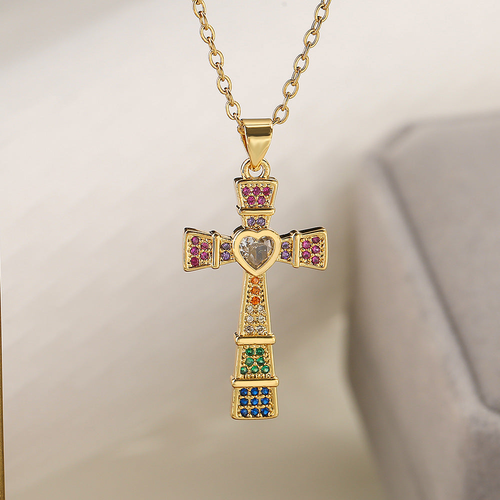 Geometric Cross Pendant Necklace for Women Made of Copper with 18K Gold Plating and Zircon Inlay