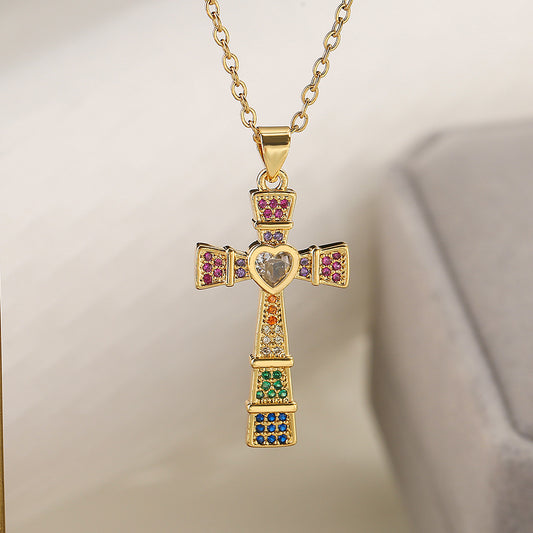 Collana con Pendente a Croce Geometrica da Donna Realizzata in Rame con Placcatura in Oro 18K e Intarsio in Zirconi