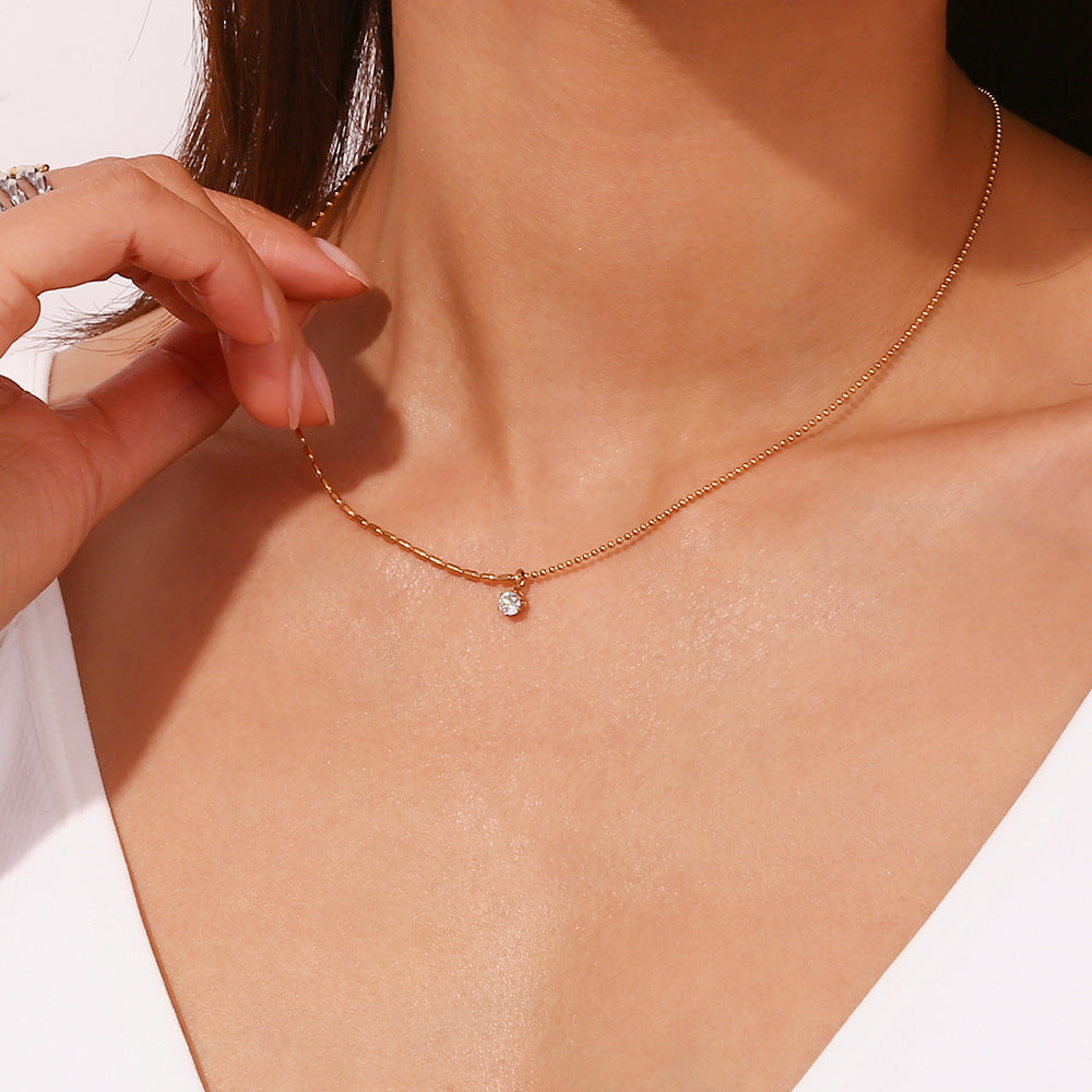 Minimalist Asymmetrical Geometric Pendant Necklace for Women Stainless Steel with 18K Gold Plating and Zircon Accents