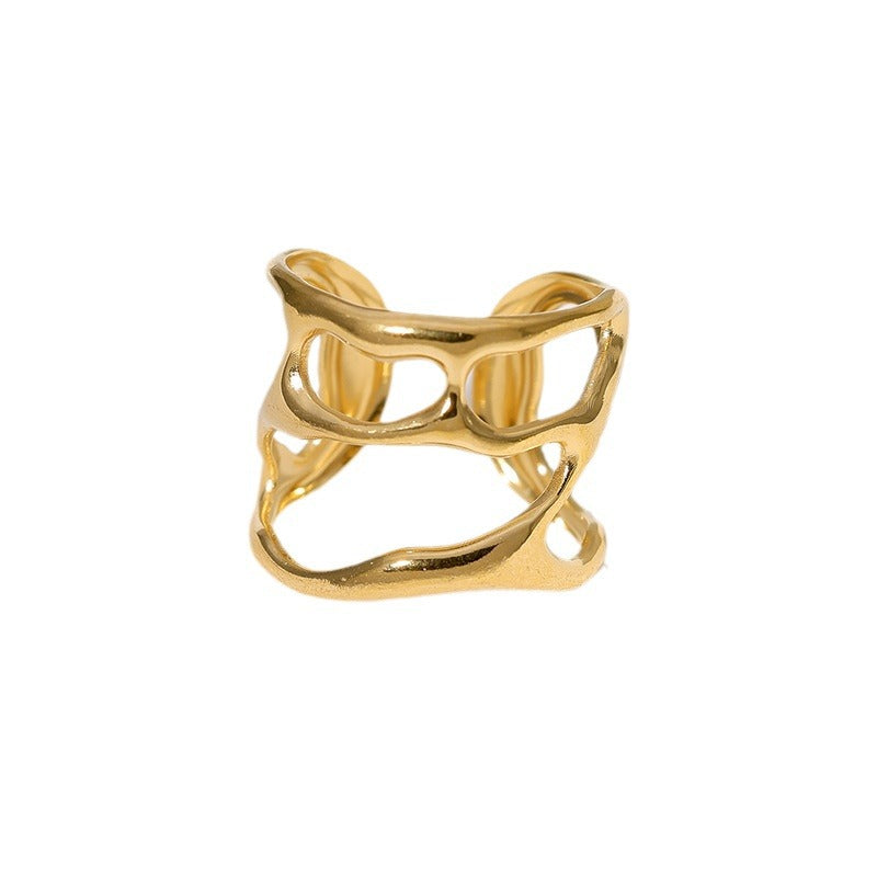 Anillo Abierto Asimétrico Irregular de Acero y Titanio Geométrico Minimalista para Mujer con Acabado Chapado