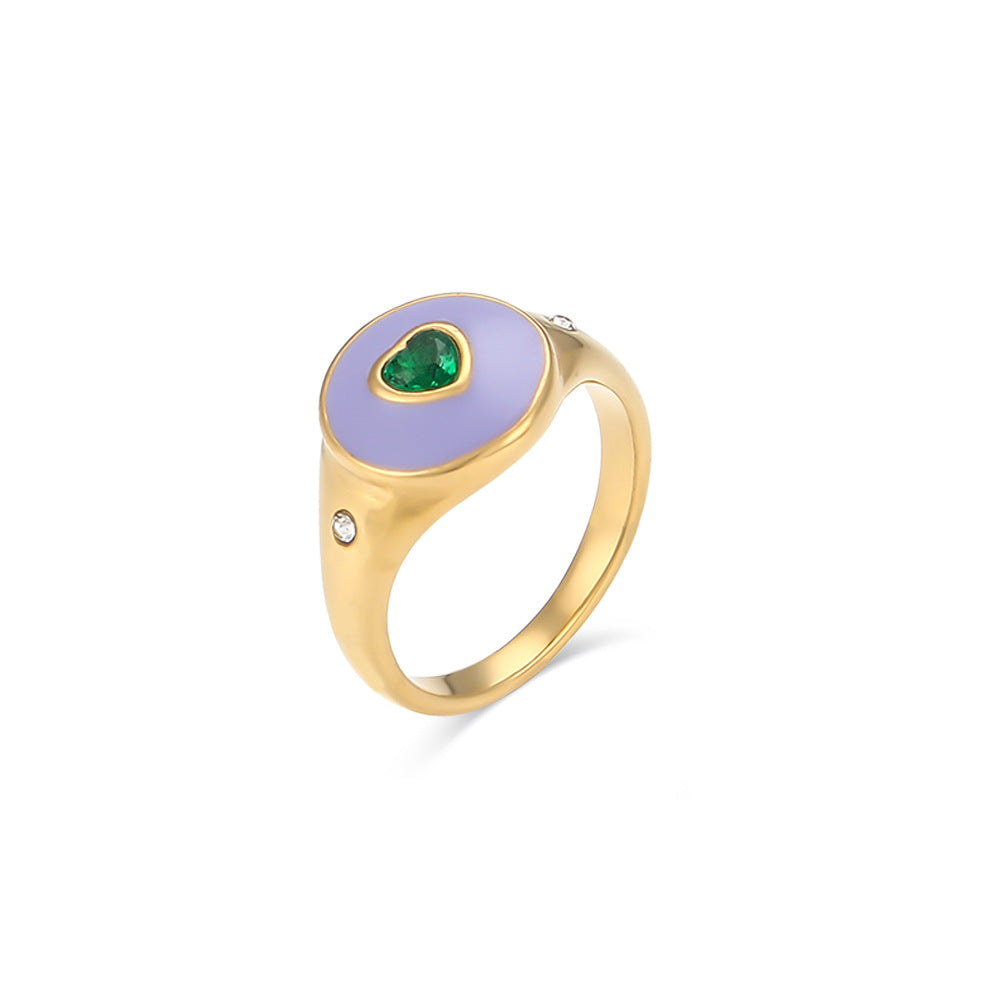Anello da donna a forma di cuore con strass bianchi, in acciaio inossidabile placcato oro 18K con smalto nero, dal design geometrico retrò chic