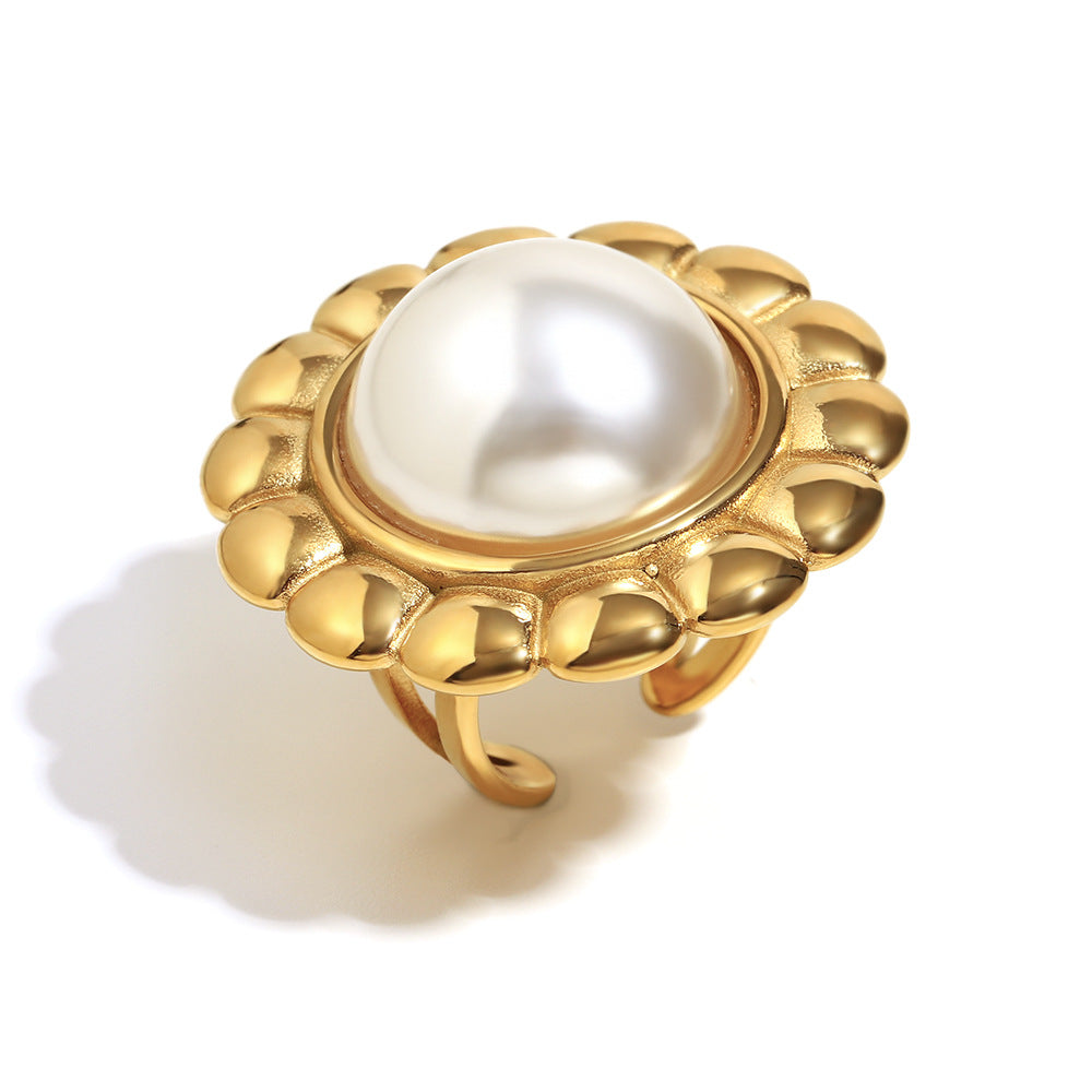 Vintage Luxury Flower-Shaped Stainless Steel Plated 18K Gold Open Ring with Pearl-Like Accents for Women