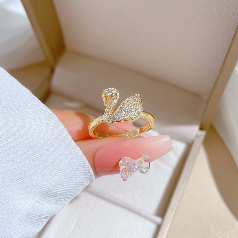 Adjustable Swan Wedding Ring for Women with Full Rhinestone Inlay, Minimalist Japanese Style Band Ring