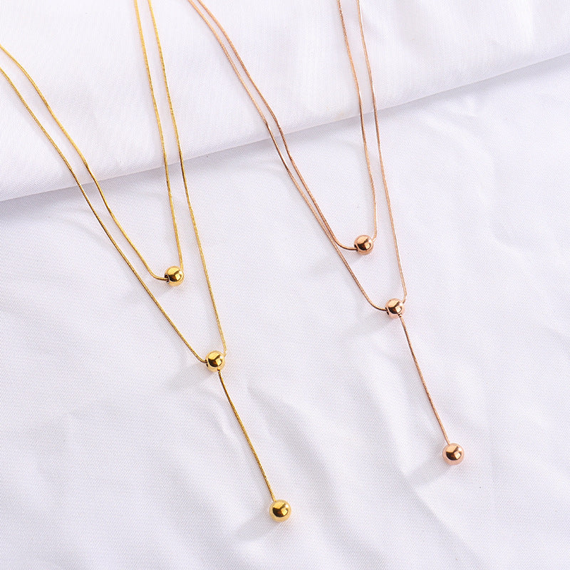 Minimalist Geometric Double-Layer Titanium Steel Snake Chain Necklace with Tassel Pendant for Women