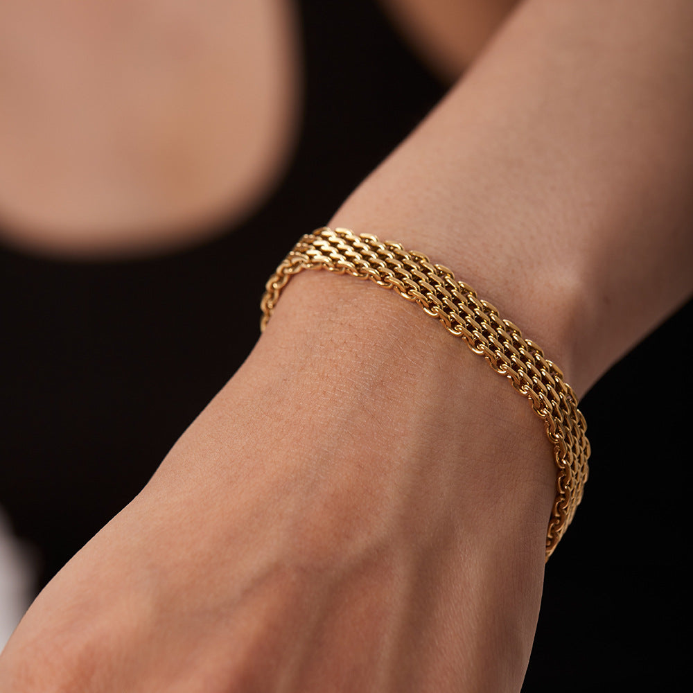 Geometric Stainless Steel Bracelet with Zircon Inlay for Women, Titanium Steel and 18K Gold Plated Accent Chain