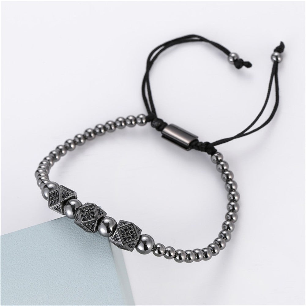 Unique Geometric Handmade Brass Bracelet with Cubic Zirconia and Adjustable Beads