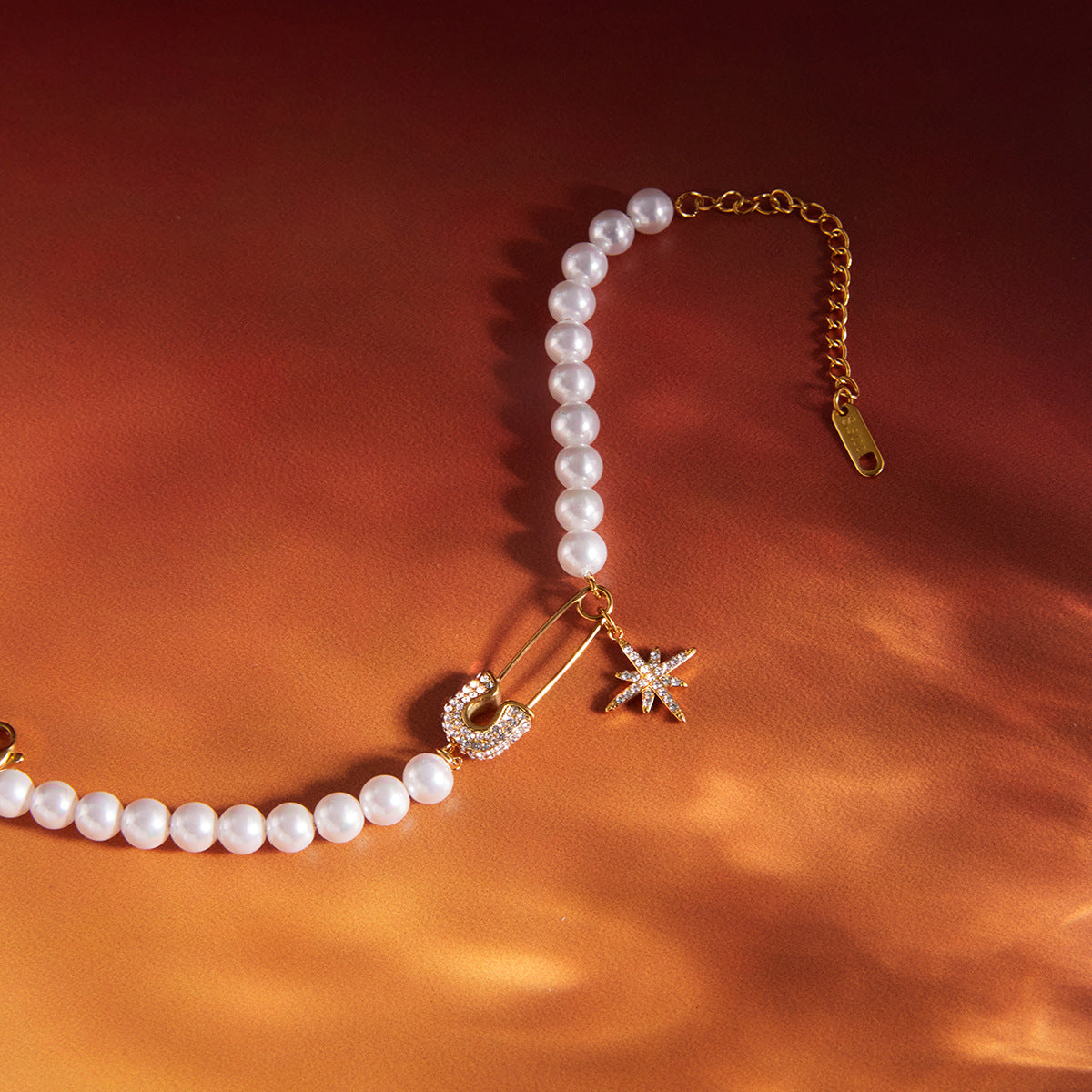 Luxury Geometric Star Titanium Steel Bracelet with Rhinestone and Imitation Pearl for Women