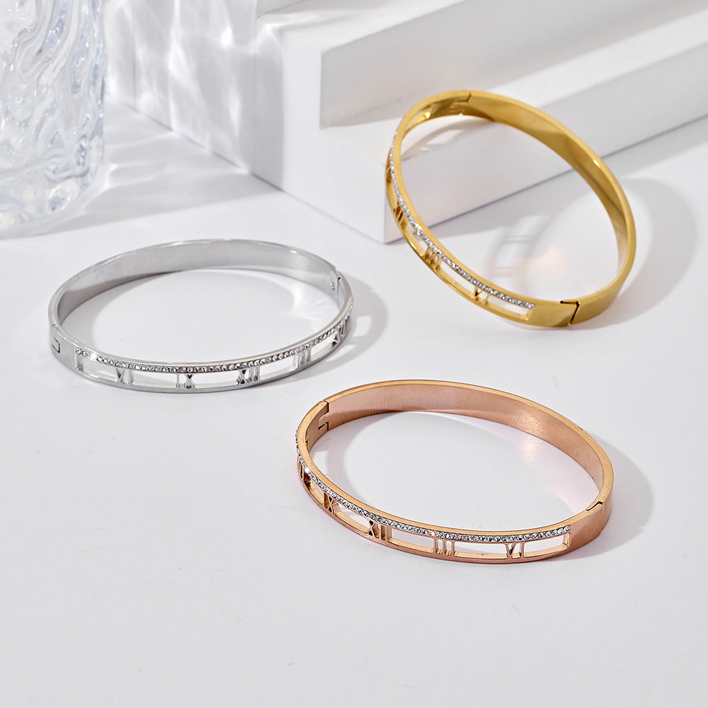 Minimalist Round Micro-inlay Rhinestone Titanium Steel Open Cuff Bracelet with Roman Text for Women
