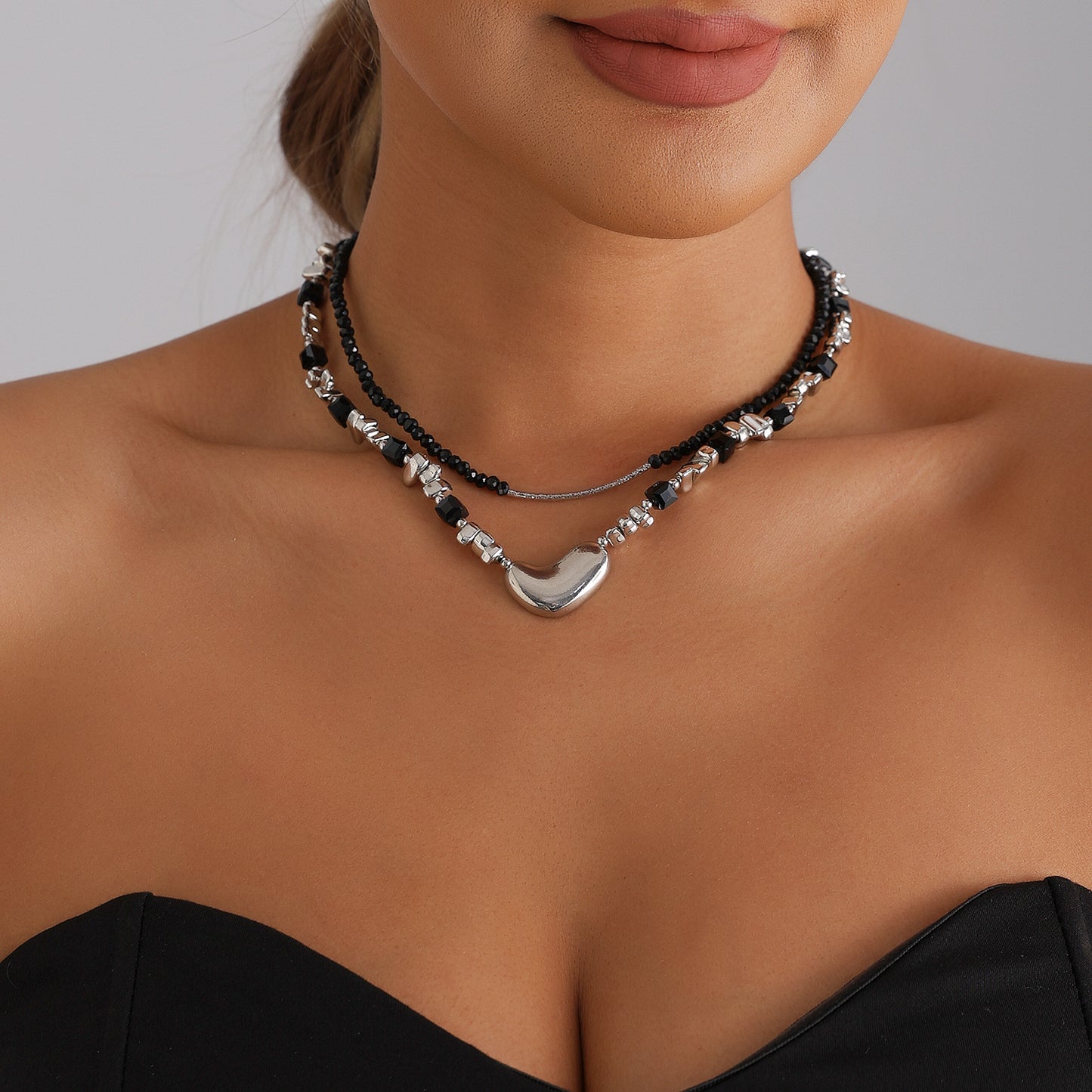 Sweet Geometric Heart Crystal Plated Alloy Necklace for Women