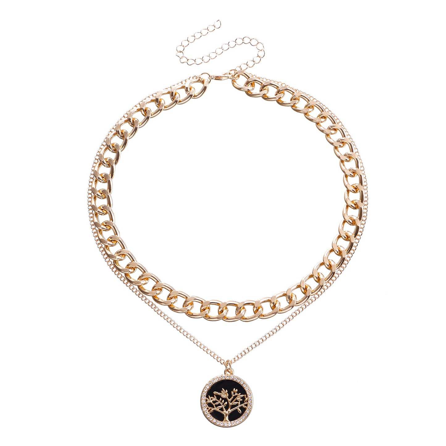 Fashionable Geometric Tree of Life Pendant Necklace for Women with Mother-of-Pearl Inlay and Rhinestone Accents on Electroplated Alloy Chain