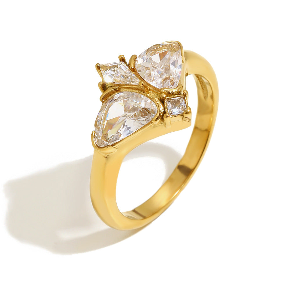 Anillo Minimalista de Acero Inoxidable con Forma de Mariposa, Bañado en Oro de 18K y con Incrustaciones de Zirconia para Mujer