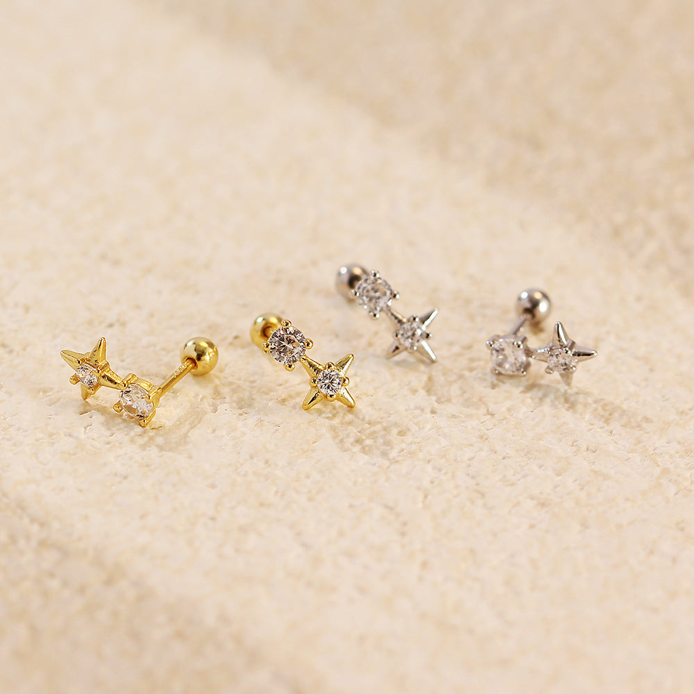 Minimalist 925 Sterling Silver Geometric Star Stud Earrings with Rhinestone Inlay