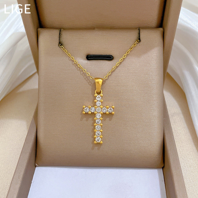 Collana pendente con croce geometrica minimalista in acciaio al titanio con placcatura in oro e zirconi cubici per donne e uomini