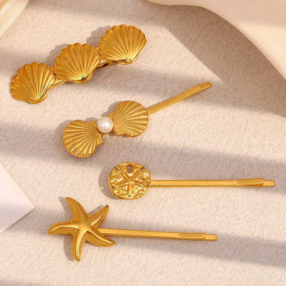 Fashionable Minimalist Starfish and Scallop Hair Clip for Women in Stainless Steel with 18K Gold Plating