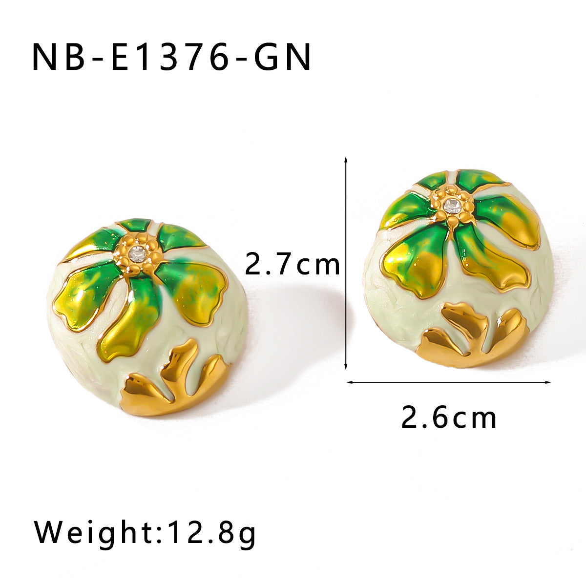 Bohemian Asymmetrical Oval Stainless Steel Earrings with Enamel Floral Pattern and 18K Gold Plating