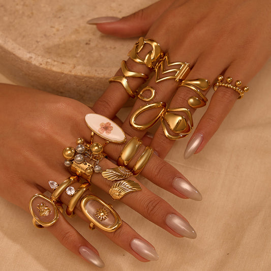 Anillo minimalista de acero inoxidable con diseño geométrico y chapado en oro de 18 quilates para mujer, banda de lujo elegante de inspiración francesa