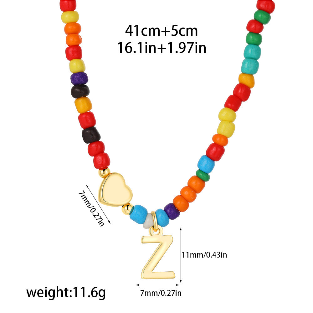 Collana Unisex Casual Placcata Oro 14K con Ciondolo a Cuore Lettera e Perline in Acciaio Inossidabile