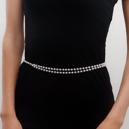 Sweet Punk Double Layer Imitation Pearl Acrylic Waist Chain for Women
