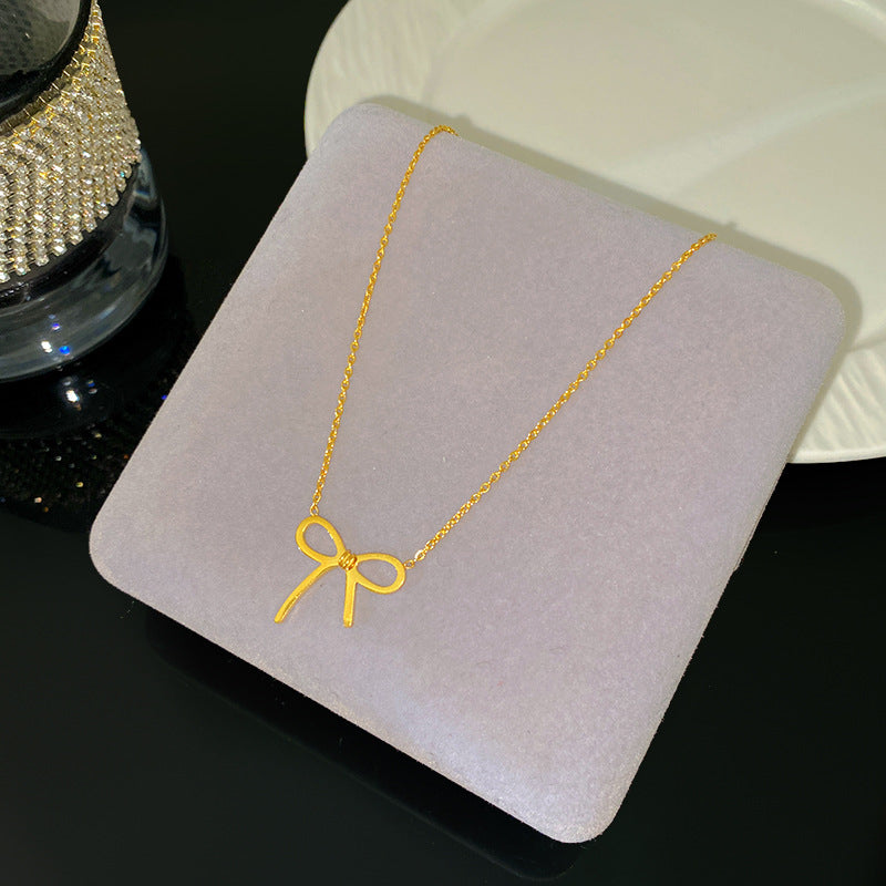 Minimalist Luxury Geometric Plated Titanium Steel Bowknot Pendant Necklace for Women