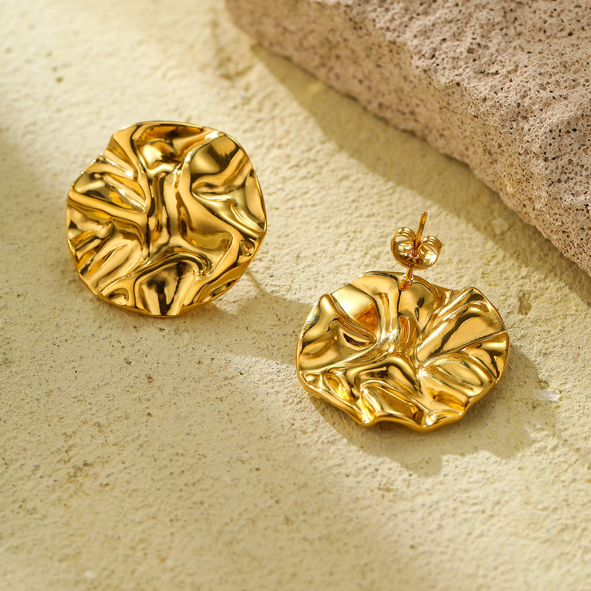 Vintage Geometric Stainless Steel Earrings with 18K Gold Plating Round Folded Design Fashion Ear Studs for Women