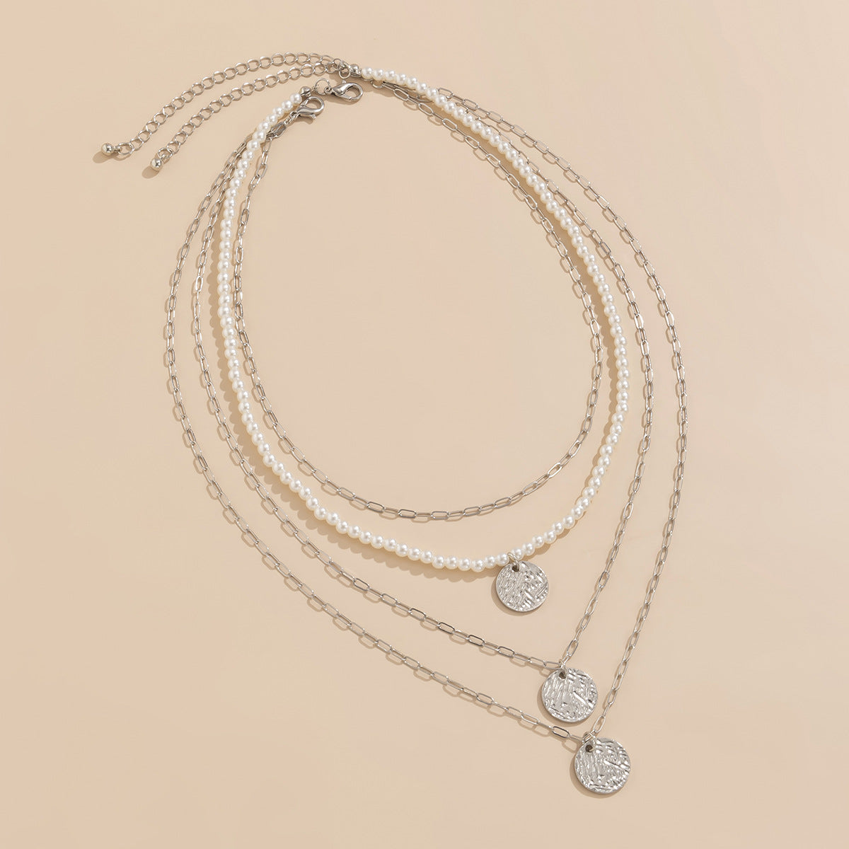 Vintage Bohemian Ethnic Round Geometric Faux Pearl Pendant Alloy Singapore Chain Layered Necklace Set