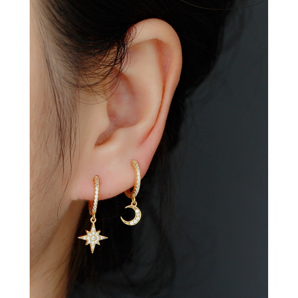 Eleganti orecchini a cerchio asimmetrici a stella e luna in argento sterling 925 con intarsio di strass da donna