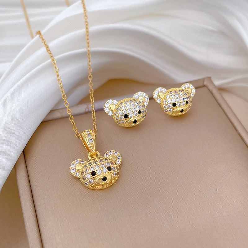 Chic Camellia Pendant Necklace Set with Titanium Steel Chain for Women, Electroplated Copper Charm, Delicate Clavicle Chain and Earrings