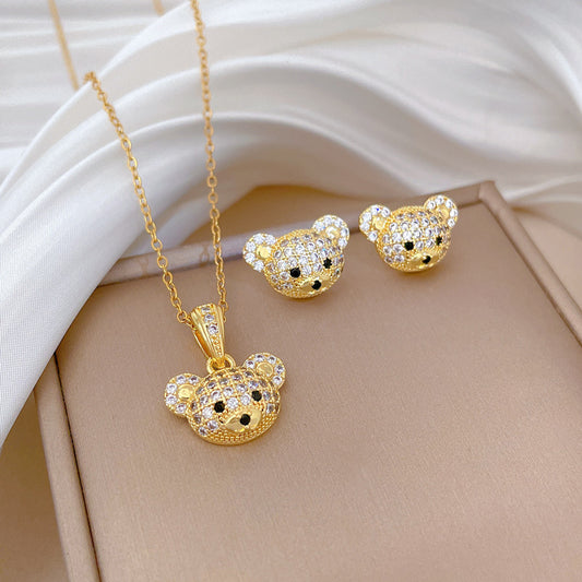 Chic Camellia Pendant Necklace Set with Titanium Steel Chain for Women, Electroplated Copper Charm, Delicate Clavicle Chain and Earrings