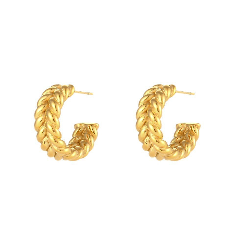 Minimalist Geometric Stainless Steel C-Shaped Hoop Earrings with 18K Gold Plating and Wheat Pattern